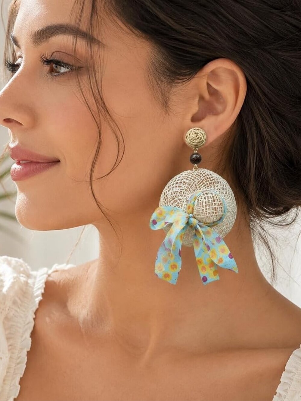 Boho Raffia Straw Hat Woven Hoop Earrings with Blue Floral Bow